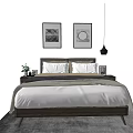 Modern Double Bed with Bedside Table Decorative Paintings Pendant Light and Rug 3d model