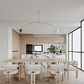 Modern Dining and Living Room Interior With Wooden Table Chairs Pendant Light And Large Windows