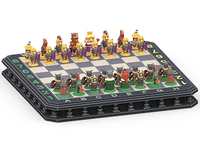 Colorful Chess Pieces On Decorative Chessboard For Tabletop Board Game Fun 3d model