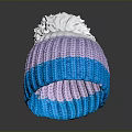 Colorful Knitted Winter Hat With Purple White Blue Sections And White Pom Pom