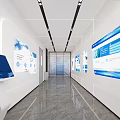 Modern Office Elevator Hallway With Glass Walls Blue Panels Ceiling Light Strips And Marble Flooring