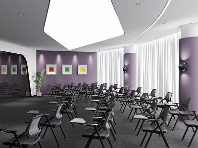 Modern Conference Room With Purple Walls Colorful Paintings White Curtains And Black Chairs 3d model