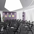 Modern Conference Room With Purple Walls Colorful Paintings White Curtains And Black Chairs