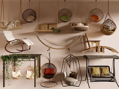 Decorative Hanging Swing Seats Wicker Hammock And Outdoor Furniture With Green Plant Decor 3d model