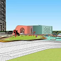 Modern Building Entrance With Waterfall Feature And Marble Walls Surrounded By High Rise Buildings
