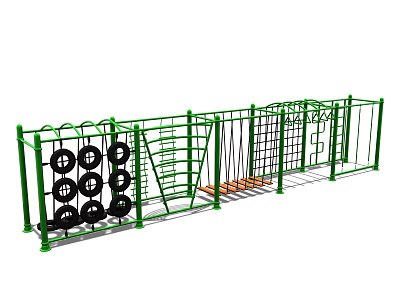 Green Outdoor Playground Equipment With Climbing Tires Ladder Net And Balance Beam 3d model