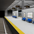 Modern Subway Station Platform With Train Tracks Yellow Safety Line Blue Seats Signs And Maps