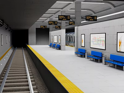 Modern Subway Station Platform With Train Tracks Yellow Safety Line Blue Seats Signs And Maps 3d model