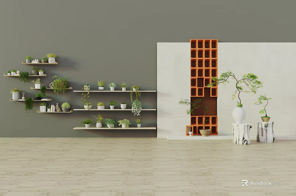 Bonsai Potted Plants Display On White Shelves With Grey Wall And Orange Grid Decor 3d model 
