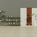 Bonsai Potted Plants Display On White Shelves With Grey Wall And Orange Grid Decor