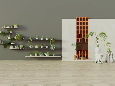 Bonsai Potted Plants Display On White Shelves With Grey Wall And Orange Grid Decor 3d model