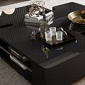 Modern Black Coffee Table With Gold Frame Elegant Design Featuring Tray Cups Books And Decor