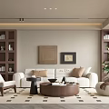 Modern Living Room Interior With Beige Sofa Armchair Round Coffee Table And Wooden Bookshelves