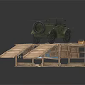 Modern Scene With Vintage Green Car On Wooden Platform And Ramp