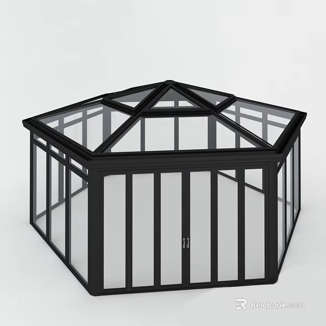 Octagonal Glass Sunroom Design With Modern Black Frame And Transparent Window Panels 3d model 
