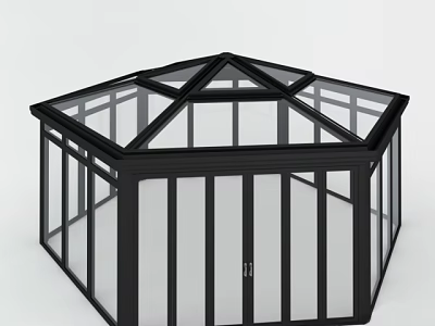 Octagonal Glass Sunroom Design With Modern Black Frame And Transparent Window Panels 3d model