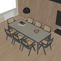 Modern Dining Table Set With Six Wooden Chairs Bowl Books And Black Pendant Light