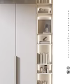 Modern Storage Cabinet With White Panels Gold Handles And Adjacent Bookshelf With Books Decorative Items