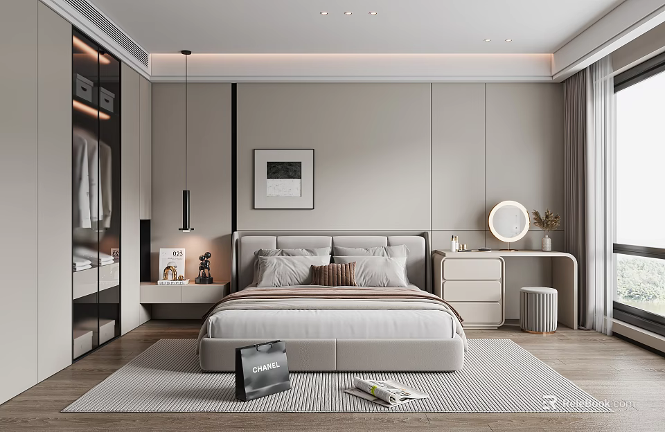 Modern Bedroom Interior Design With Padded Headboard Bed Pendant Light Round Mirror And Area Rug 3d model 