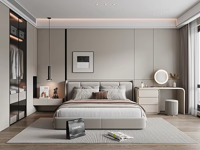 Modern Bedroom Interior Design With Padded Headboard Bed Pendant Light Round Mirror And Area Rug 3d model