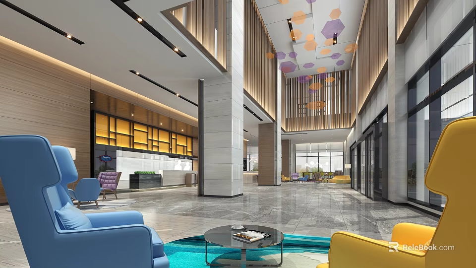 Modern Hotel Lobby Interior With Spacious Layout Comfortable Sofas Reception Desk Stylish Pendant Lights 3d model 