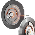 Circular Wall Decor with Gears and Orange Glowing Rings Metallic Texture and Wood Grain Details
