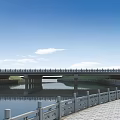 Modern Multi level Bridge with Railings Under Blue Sky and Water Surface 3d model