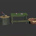 Rustic Outdoor Wooden Picnic Table Setup With Stump Axe Clay Pot And Bench