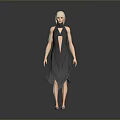 Woman In Gray High Neck Front Slit Dress With Blonde Hair Standing Against Gray Background
