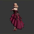 Child with pink hair wearing red layered dress red gloves and red shoes princess style