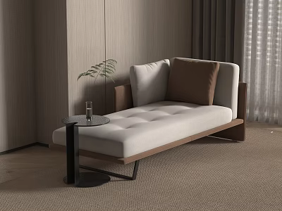 Modern Upholstered Bench with White Cushion Brown Pillow in Cozy Room Wooden Wall Side Table 3d model