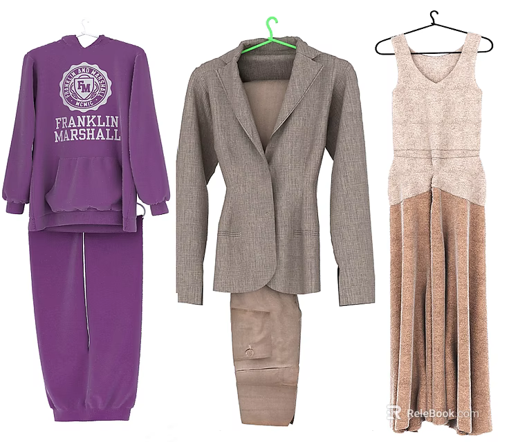 Stylish Clothing Collection with Purple Sweatshirt Set Gray Blazer and Beige Sleeveless Dress 3d model 
