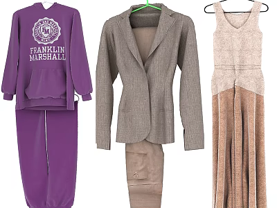 Stylish Clothing Collection with Purple Sweatshirt Set Gray Blazer and Beige Sleeveless Dress 3d model