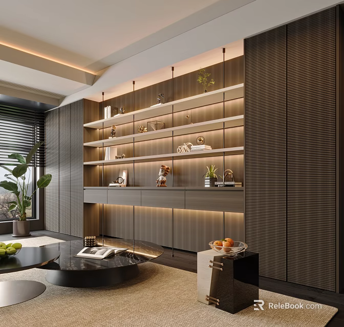 Modern Layered Bookcase With LED Lighting Decorative Plants And Books In Living Room 3d model 
