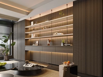 Modern Layered Bookcase With LED Lighting Decorative Plants And Books In Living Room 3d model