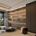 Modern Layered Bookcase With LED Lighting Decorative Plants And Books In Living Room