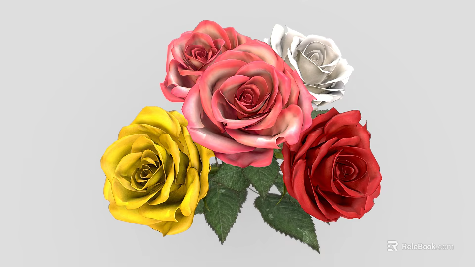 Colorful Roses Bouquet With Yellow Pink White Red Flowers And Green Leaves 3d model 