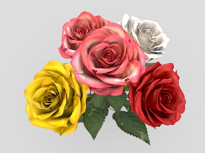 Colorful Roses Bouquet With Yellow Pink White Red Flowers And Green Leaves 3d model