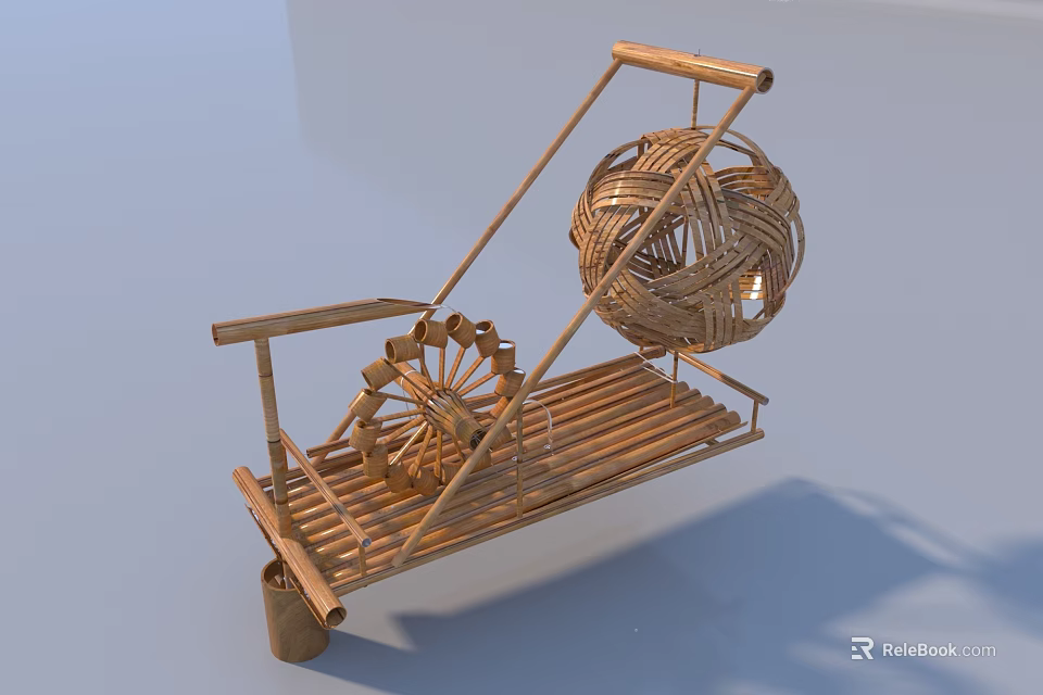 Rustic Traditional Handcrafted Bamboo Wooden Structure With Wheel And Woven Ball 3d model 