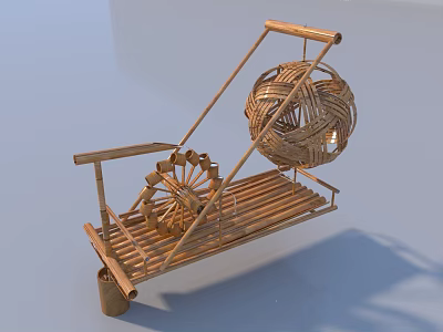 Rustic Traditional Handcrafted Bamboo Wooden Structure With Wheel And Woven Ball 3d model