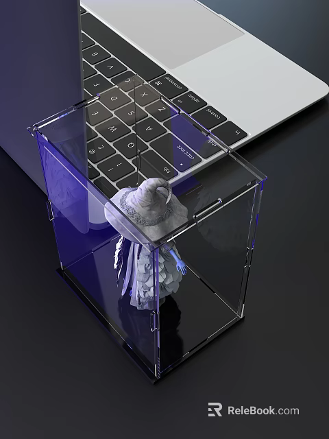Cute Witch Hat Doll in Transparent Acrylic Case on Laptop Keyboard Background 3d model 