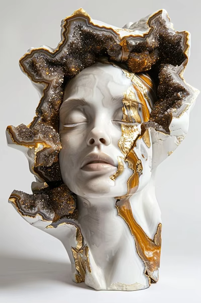 Intricate Female Head Sculpture With Agate Geode Golden Brown Glitter And Closed Eyes 3d model