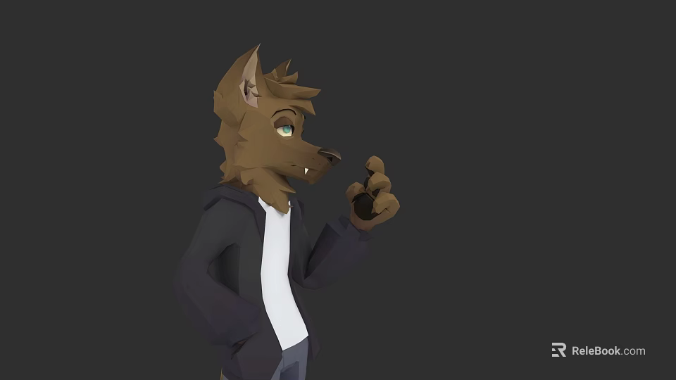 3D Game Movie Character Wolf With Brown Fur Green Eyes Black Jacket And White Shirt 3d model 