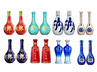 Colorful Wine Bottles And Glasses With Various Decorative Designs And Shapes 3d model