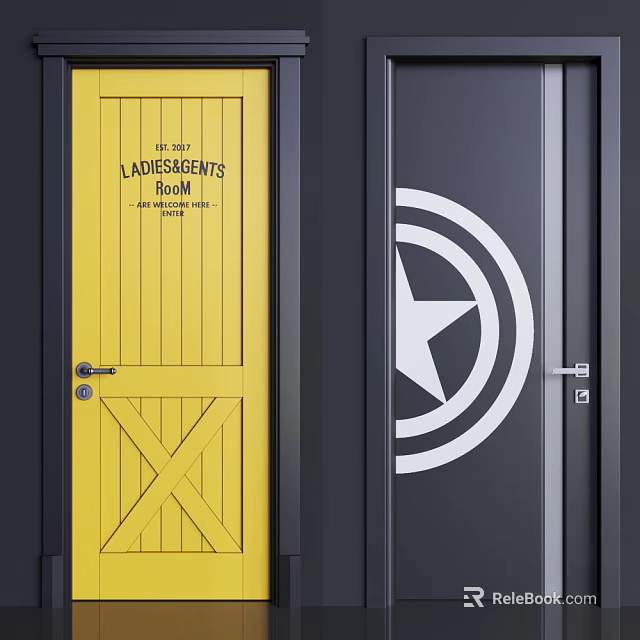 Yellow Swing Door With LADIES GENTS ROOM Text And Black Door With Shield Star Design 3d model 
