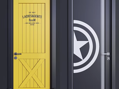 Yellow Swing Door With LADIES GENTS ROOM Text And Black Door With Shield Star Design 3d model
