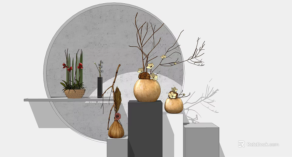 Decorative Vases With Flowers And Branches Arranged On Different Height Gray Platforms 3d model