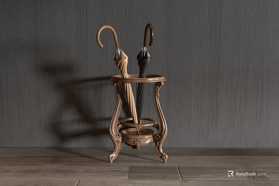 Vintage Brass Side Table With Carved Design And Decorative Legs Holding Umbrellas On Wooden Floor 3d model 