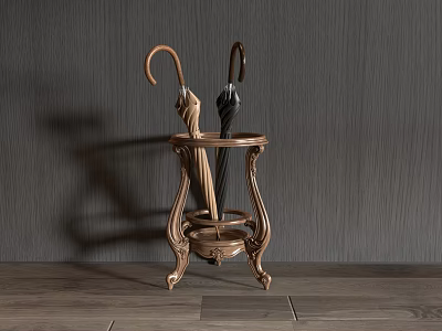 Vintage Brass Side Table With Carved Design And Decorative Legs Holding Umbrellas On Wooden Floor 3d model