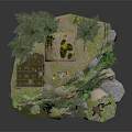 Cartoon Scene Featuring Small Wooden House Pine Trees Vegetable Garden Grass And Stones